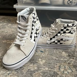 Vans 9 Black and White High Tops with Checkered Flames